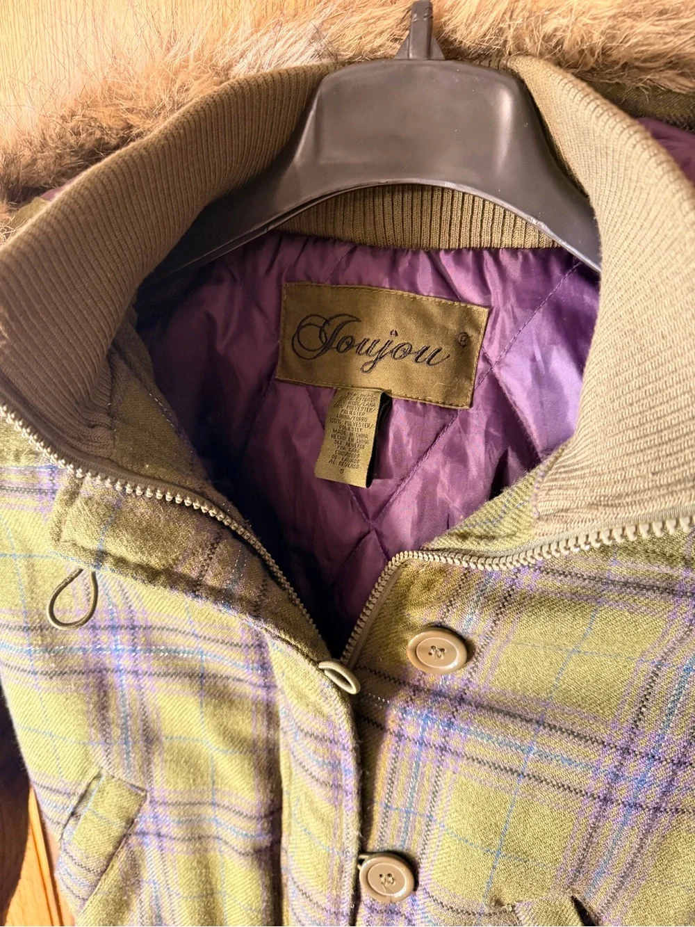 Y2K Jou Jou Wool Blend Plaid Bomber w/ Removable Faux Fur Hood - Picture 4 of 7